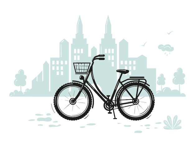 Una mujer en bicicleta con una canasta en la parte delantera con el telón de fondo de la ciudad.