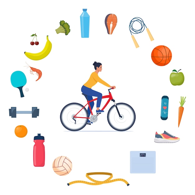 Vector mujer en bicicleta chica hace deportes iconos de alimentos saludables, verduras y equipamiento deportivo