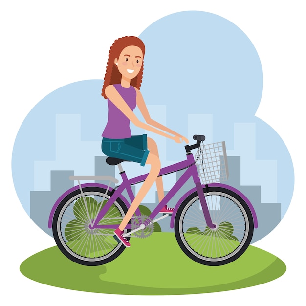 mujer en bicicleta con iconos de estilo de vida saludable