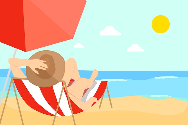 Mujer en bikini acostada en una tumbona tomando el sol frente al mar y protegida por una sombrilla