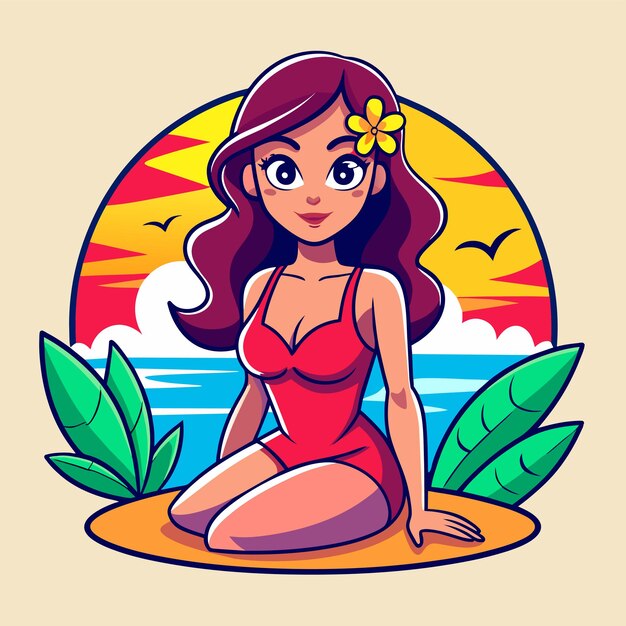 Vector mujer en bikini chica de verano en vacaciones traje de baño de playa vacaciones dibujado a mano plano caricatura elegante