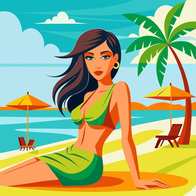 Vector mujer en bikini chica de verano en vacaciones traje de baño de playa vacaciones dibujado a mano plano caricatura elegante