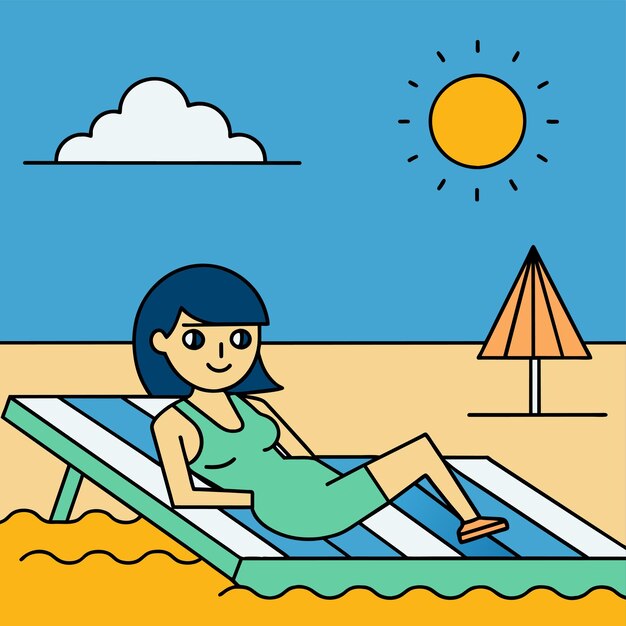 Vector mujer en bikini chica de verano en vacaciones traje de baño de playa vacaciones dibujado a mano plano caricatura elegante