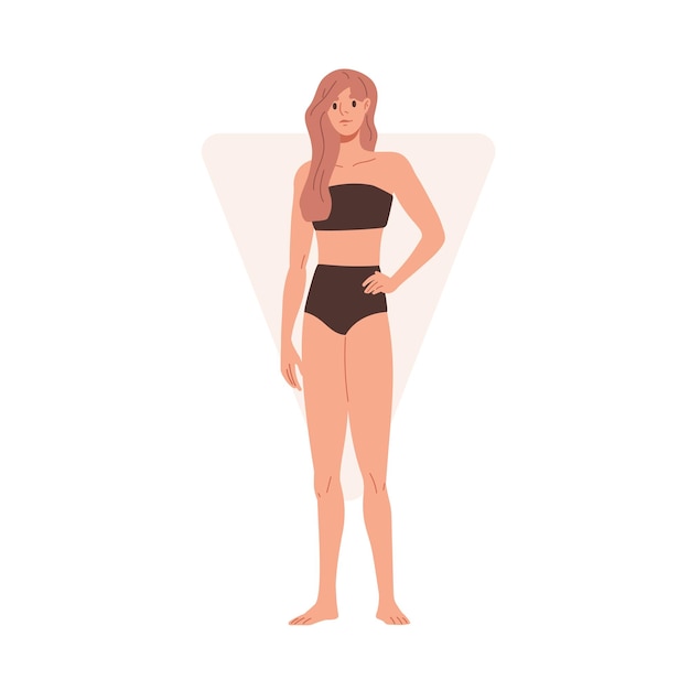 Mujer en bikini con forma de cuerpo de triángulo invertido. Mujer en lencería con hombros anchos tipo figura. Modelo delgado de pie en ropa interior. Ilustración de vector plano aislado sobre fondo blanco