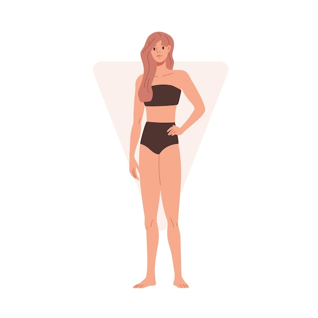 Vector mujer en bikini con forma de cuerpo de triángulo invertido. mujer en lencería con hombros anchos tipo figura. modelo delgado de pie en ropa interior. ilustración de vector plano aislado sobre fondo blanco