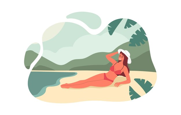Mujer en bikini y sombrero tomando el sol en la playa del mar Bastante joven descansa en traje de baño en la playa salvaje