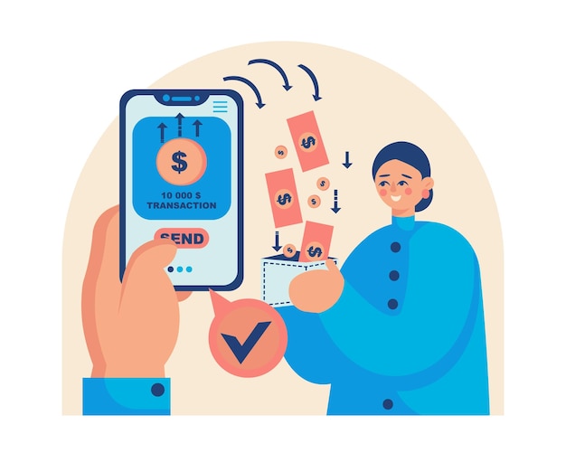 Mujer con billetera hombre con teléfono inteligente y enviando dinero