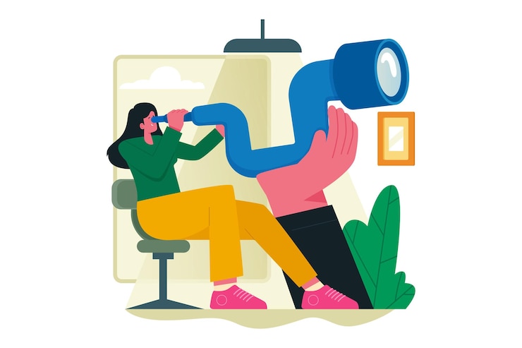 Vector mujer con binoculares abrazando la ilustración del vector futuro