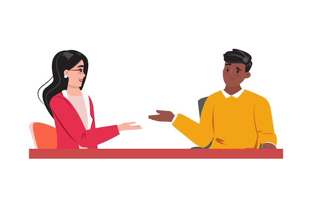 Mujer blanca y hombre negro hablando entre sí y gesticulando con las manos