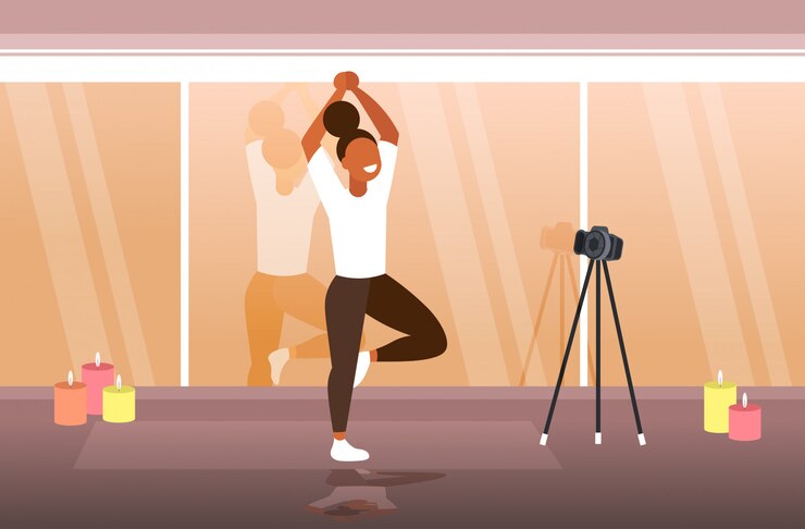 Vector mujer blogger haciendo ejercicios de yoga deportista grabando video en línea con cámara en trípode estilo de vida saludable transmisión en vivo concepto de blogs moderno gimnasio interior horizontal de cuerpo entero