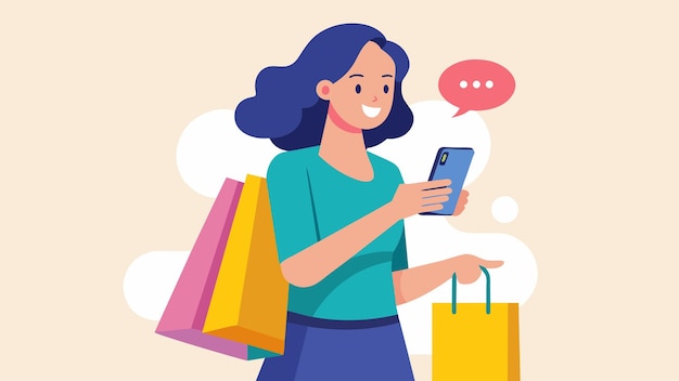 Vector una mujer con una bolsa de compras y leyendo críticas en su teléfono antes de comprar un producto para asegurarse