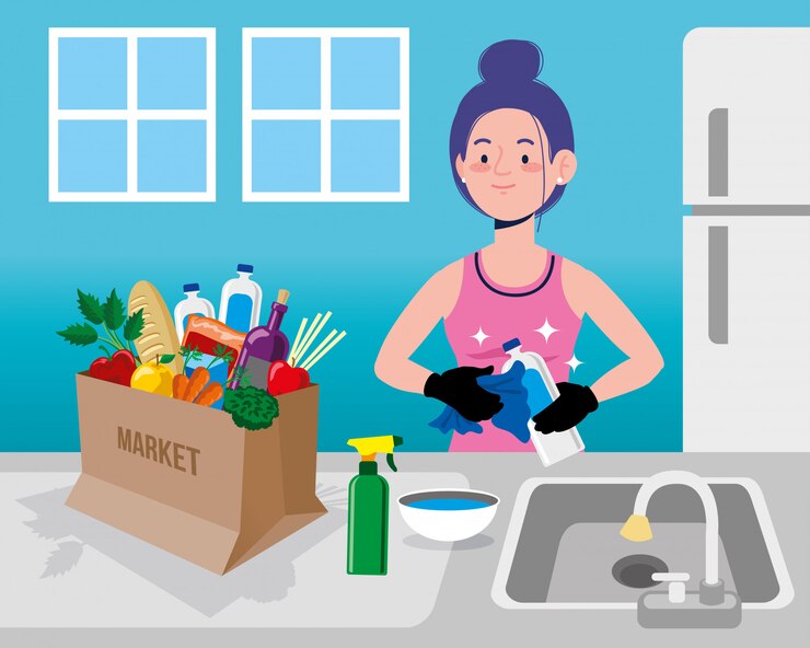 Mujer con bolsa de compras y suministros de alimentos limpios