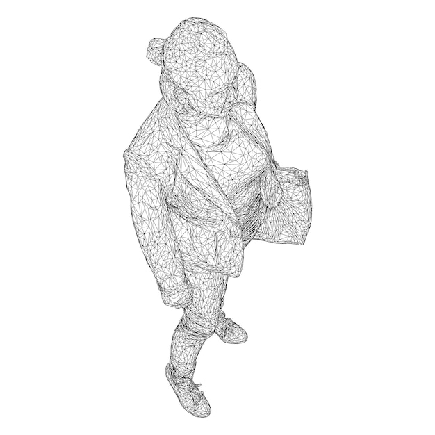Una mujer con una bolsa en la mano doblada. Ilustración vectorial de una malla triangular negra sobre un fondo blanco.