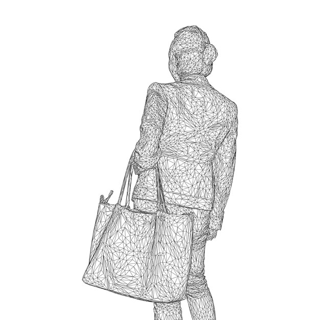 Una mujer con una bolsa en la mano doblada. Ilustración vectorial de una malla triangular negra sobre un fondo blanco.