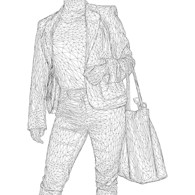Una mujer con una bolsa en la mano doblada. Ilustración vectorial de una malla triangular negra sobre un fondo blanco.
