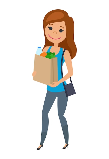 Vector mujer con bolsa de papel de comida. el personaje de dibujos animados