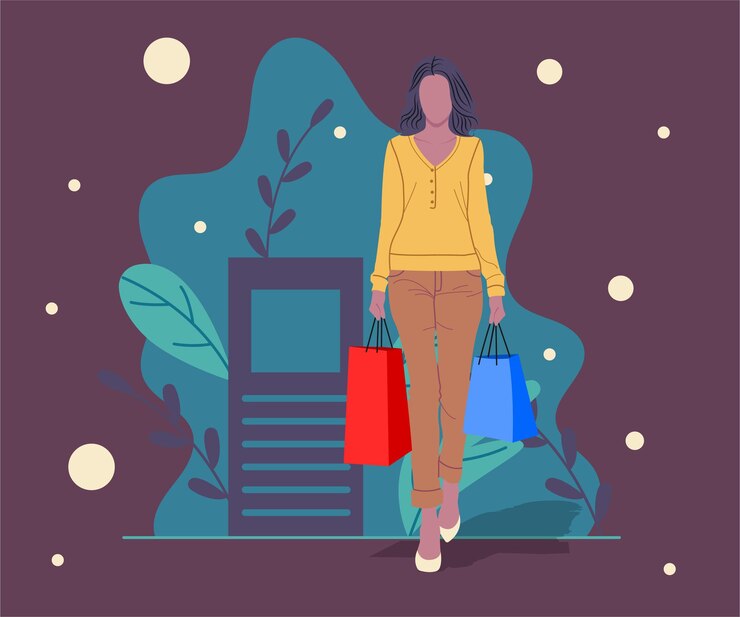 Vector mujer con bolsas de compras caminando fuera de una tienda