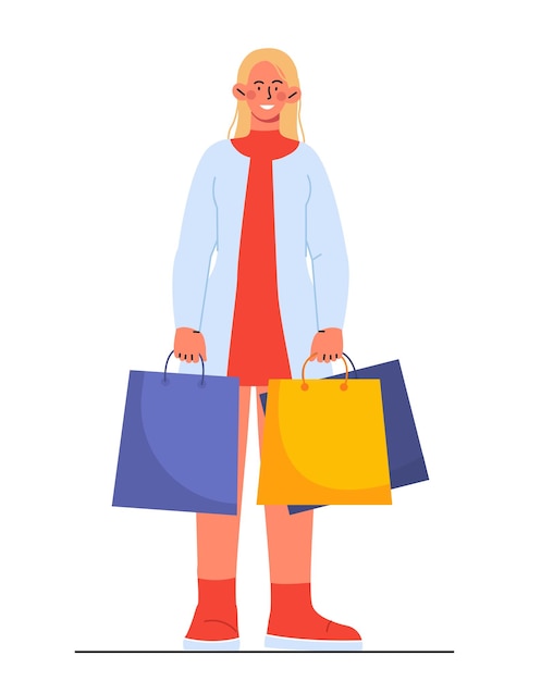 Mujer con bolsas de compras chica joven con paquetes coloridos adicta a las compras con ventas y descuentos