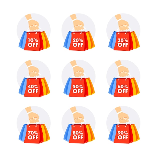 Mujer con bolsas de compras en la mano con diferentes porcentajes de descuento imagen perfecta para la promoción de ventas