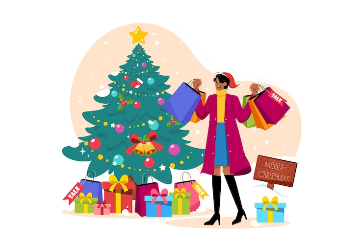 Vector mujer con bolsas de compras de navidad concepto de ilustración plana sobre fondo blanco