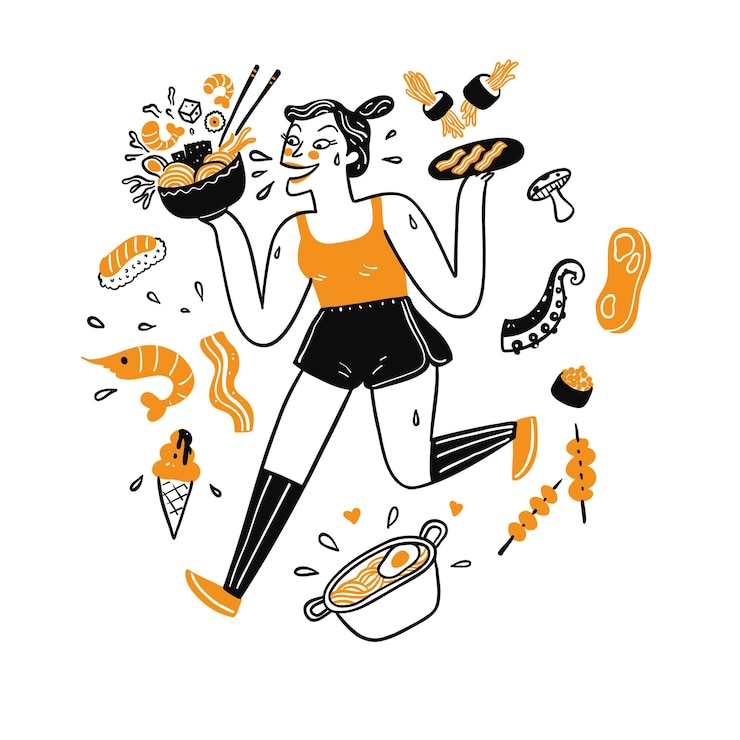 Vector mujer bonita corriendo sosteniendo comida, ilustración de dibujo en estilo lineal