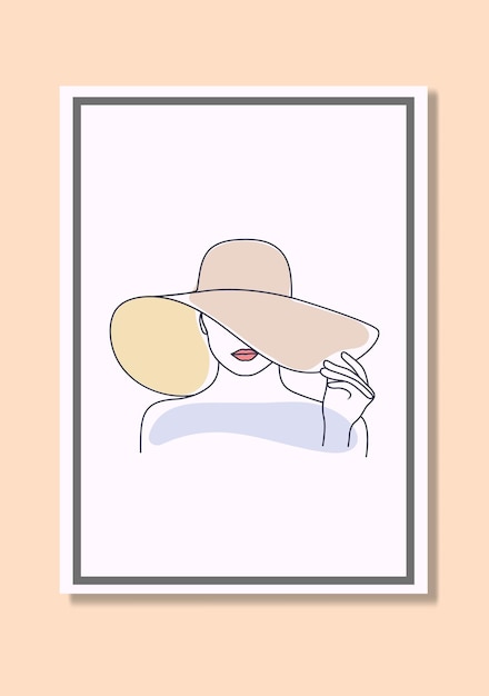 Mujer bonita joven de la moda en el retrato del dibujo lineal del sombrero y la ilustración del cartel del arte de la pared