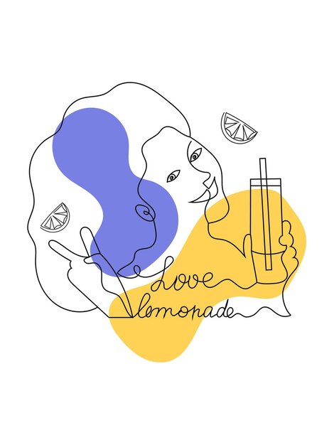 Una mujer bonita que dibuja una sola línea sostiene un vaso de limonada dibujada en un estilo de línea
