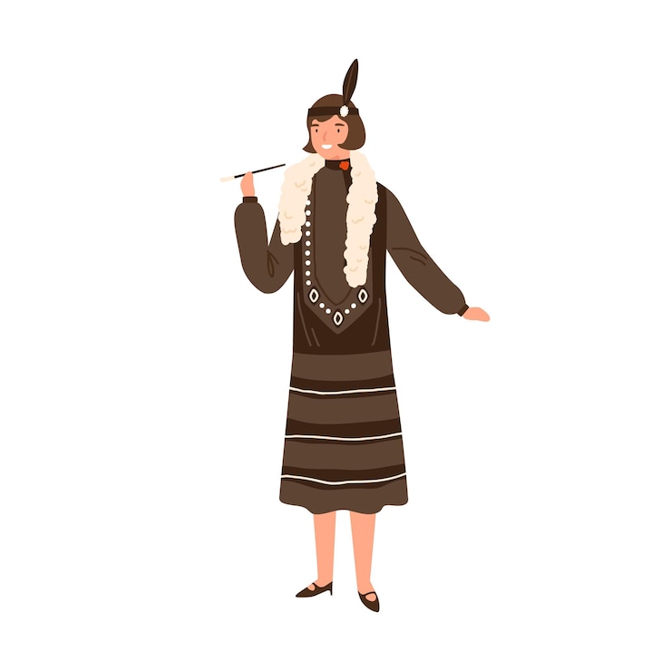 Vector una mujer bonita con ropa vintage sostiene una ilustración plana de un vector de boquilla. sonriente mujer con estilo demuestra estilo de los años 20 aislado en blanco. señora con accesorios elegantes. moda del siglo xx.