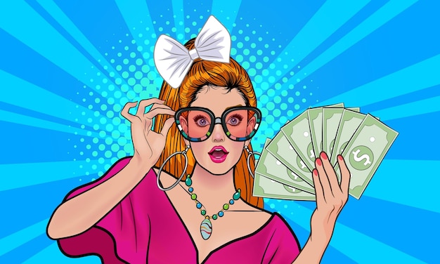 Mujer bonita sorprendida con gafas mirando algo en estilo cómico de arte pop retro vintage