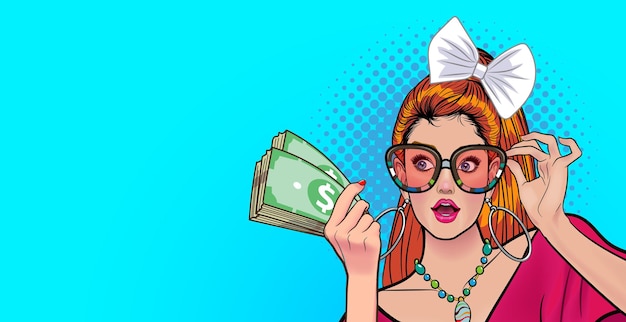 Mujer bonita sorprendida con gafas mirando algo en estilo cómico retro vintage pop art