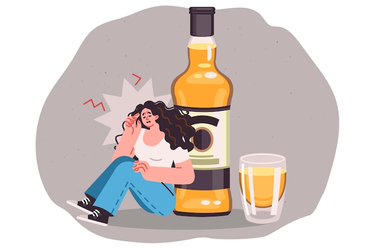 Vector mujer borracha siente dolor de cabeza y resaca mientras está sentada cerca de una gran botella de cerveza o whisky