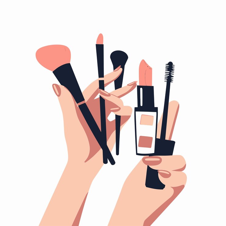 Vector una mujer con una botella de lápiz labial y un fondo blanco