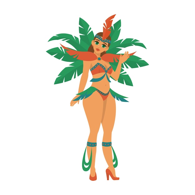 Mujer brasileña en traje de carnaval festivo con plumaje brillante