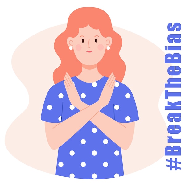 Vector mujer con los brazos cruzados break the bias para el día internacional de la mujer 8 de marzo