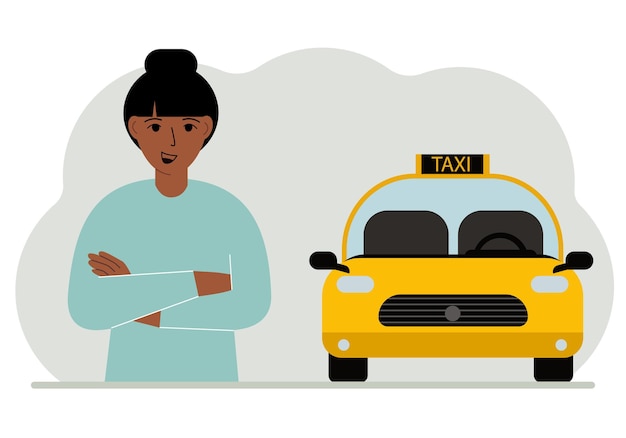 Una mujer con los brazos cruzados cerca de un taxi amarillo vector