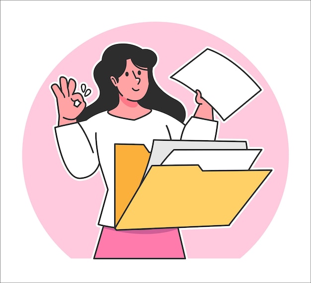 Una mujer busca datos en una carpeta de documentos.