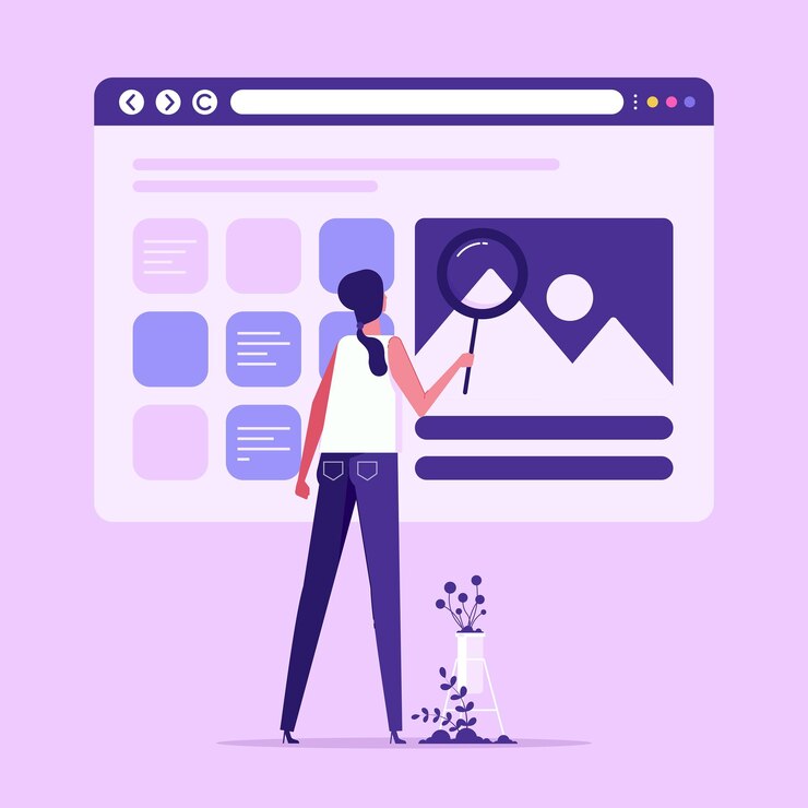 Vector mujer en busca de información concepto de búsqueda en la web