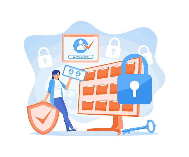 Mujer buscando datos en la computadora Proteger con seguridad los datos personales en los servidores Concepto de seguridad cibernética Ilustración vectorial plana