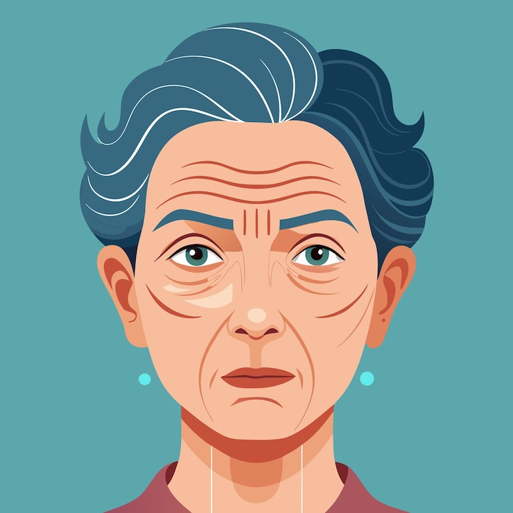 Vector una mujer con cabello azul y una cara que dice anciana