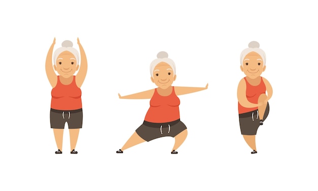 Mujer de cabello gris haciendo ejercicios físicos de estiramiento Vector Set
