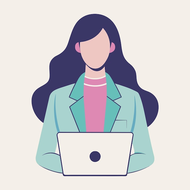 una mujer con cabello largo y una computadora portátil con un punto negro en la parte superior