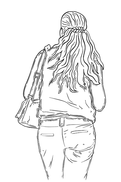 Mujer con cabello largo y una horquilla con una bolsa en un top y pantalones doodle lineal