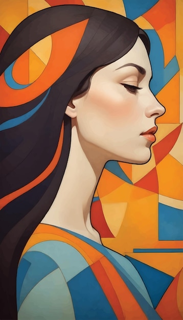 Vector una mujer de cabello largo está de pie frente a una pintura colorida