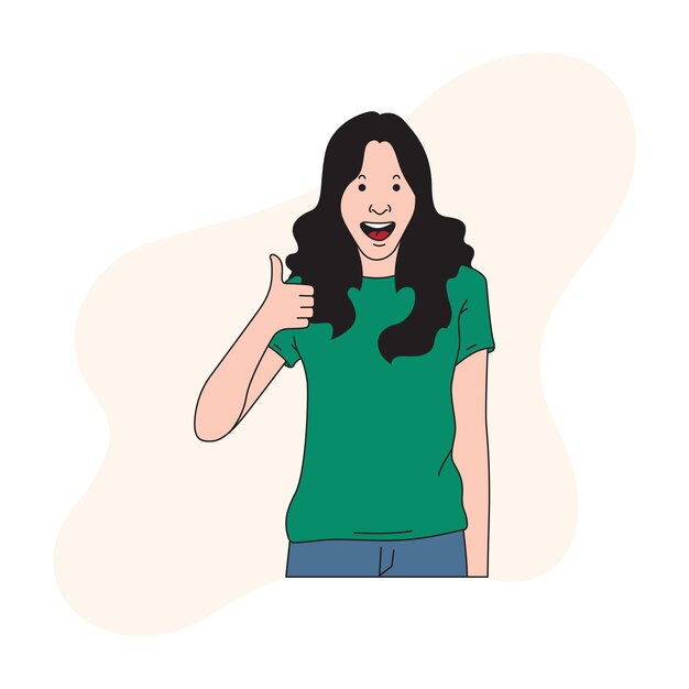 una mujer con cabello largo con los pulgares hacia adelante y riendo