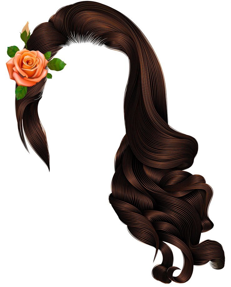 Vector mujer de cabello largo y rizado con flores beige rosado marrón moreno colores estilo retro belleza moda realista 3d