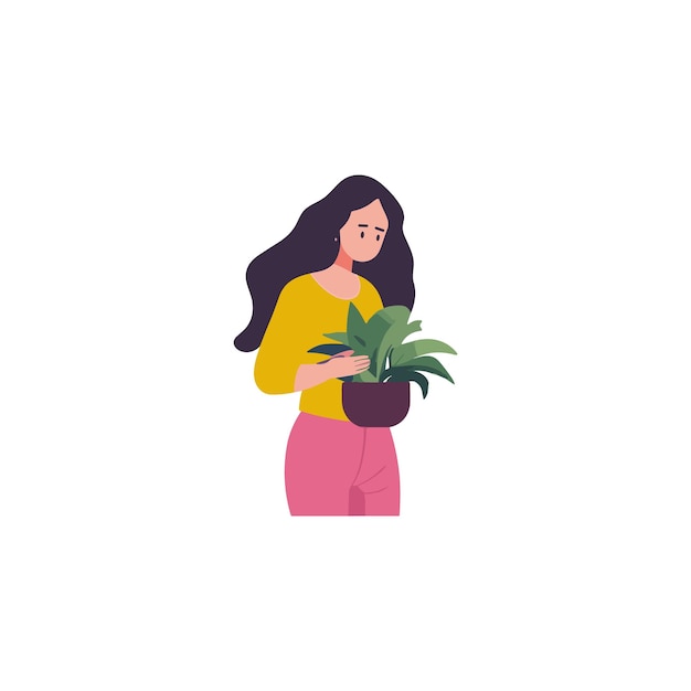 una mujer de cabello largo sostiene una planta en sus manos