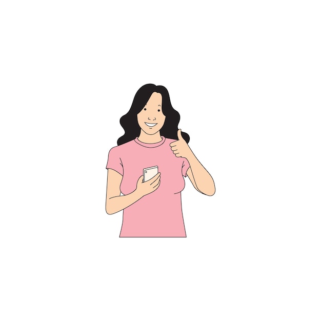 Vector una mujer con cabello largo sostiene un teléfono celular con la otra mano mostrando su pulgar