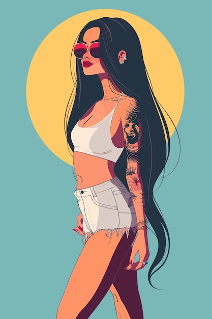 Una mujer con cabello largo y tatuajes lleva un bikini blanco y pantalones cortos blancos