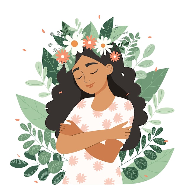 Mujer de cabello oscuro abrazándose a sí misma con los ojos cerrados y una sonrisa suave que simboliza el amor propio y la salud mental Ilustración vectorial