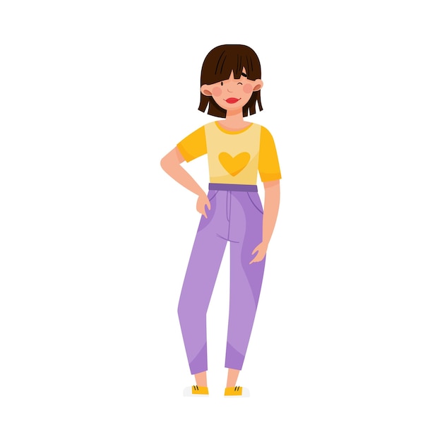 Mujer de cabello oscuro con sudadera y vaqueros de pie y guiñando la ilustración vectorial